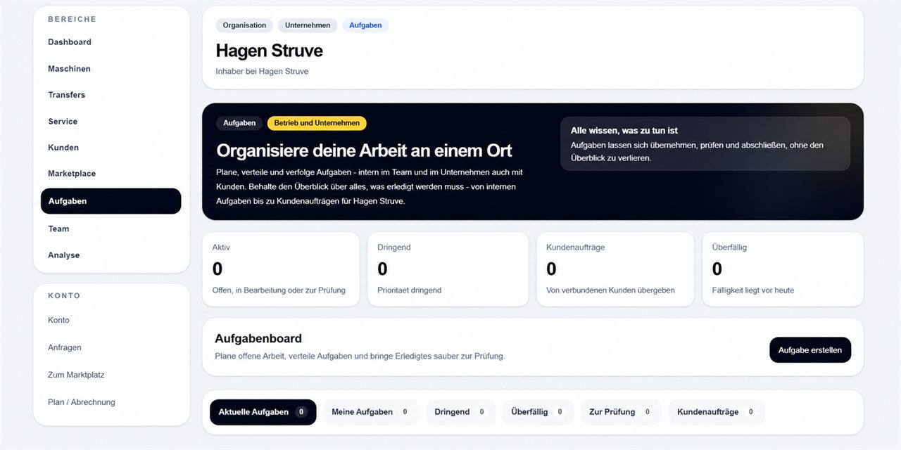 Screenshot MaschinenLog Webanwendung Aufgabenboard